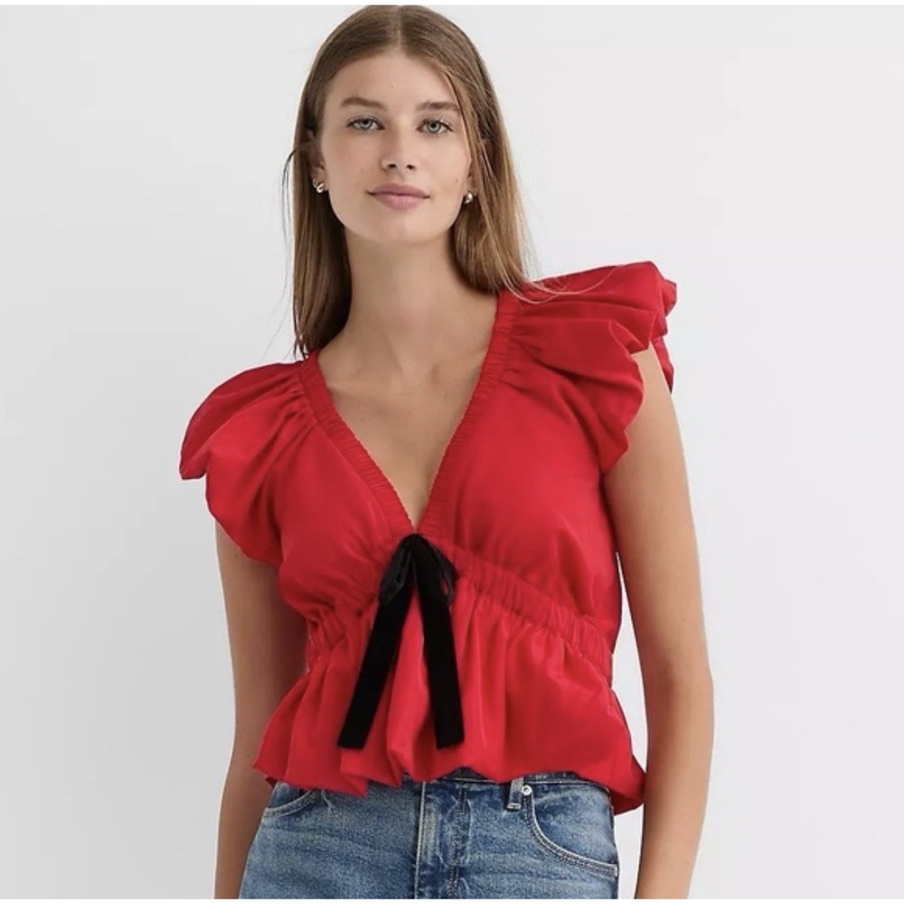 NWT LOFT Womens Red Velvet Bow V Neck Peplum Flutter Blouse Top Shirt Size L